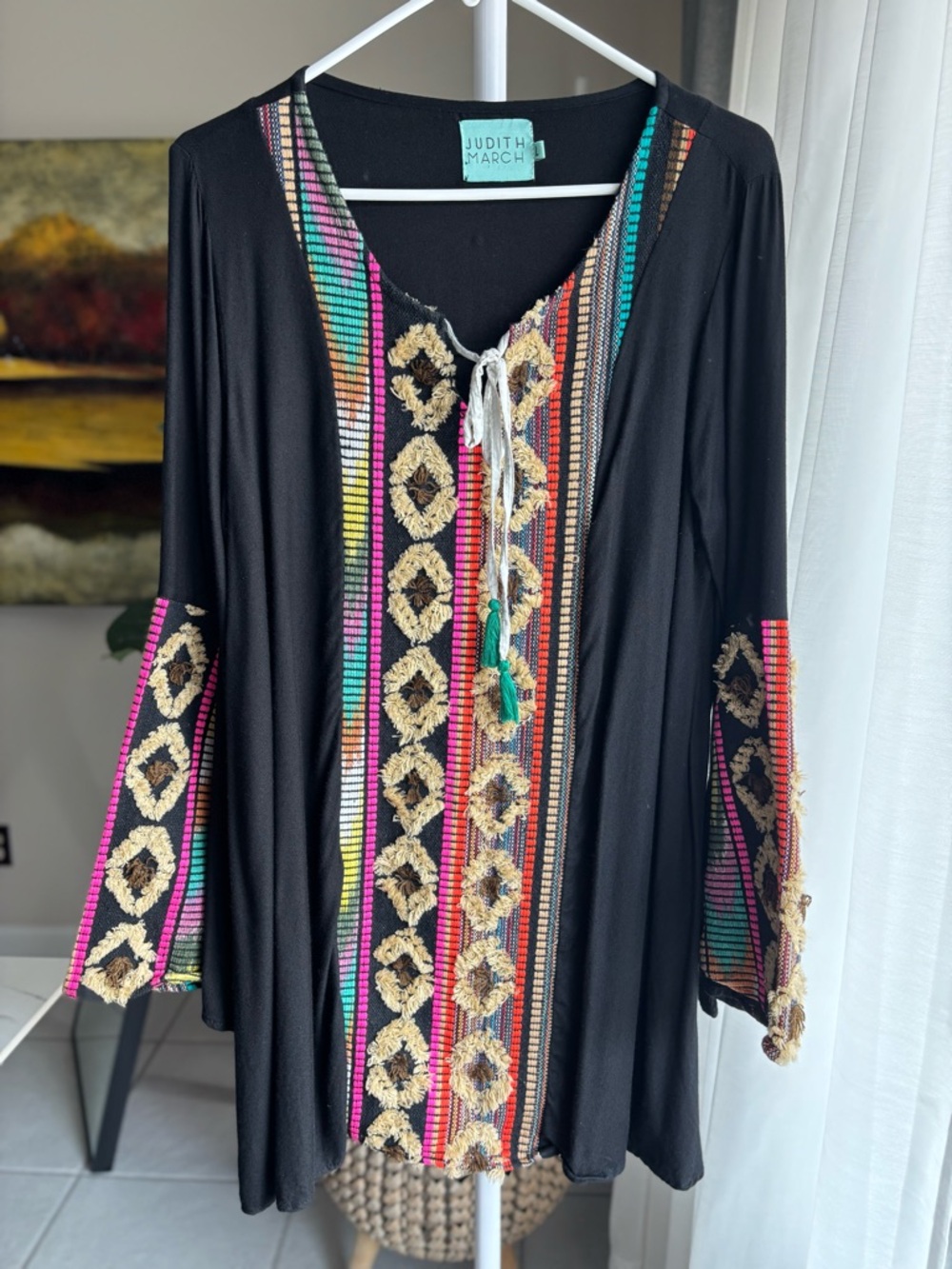 Judith March Black Boho Embroidered Tunic Dress L Black Multicolor